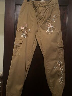 Sundance Tan/Ochre Cargo Pants with Floral Embroidery